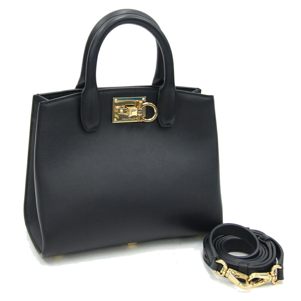 Salvatore Ferragamo Gancini Studio Handbag Black Leather Bag Crossbody